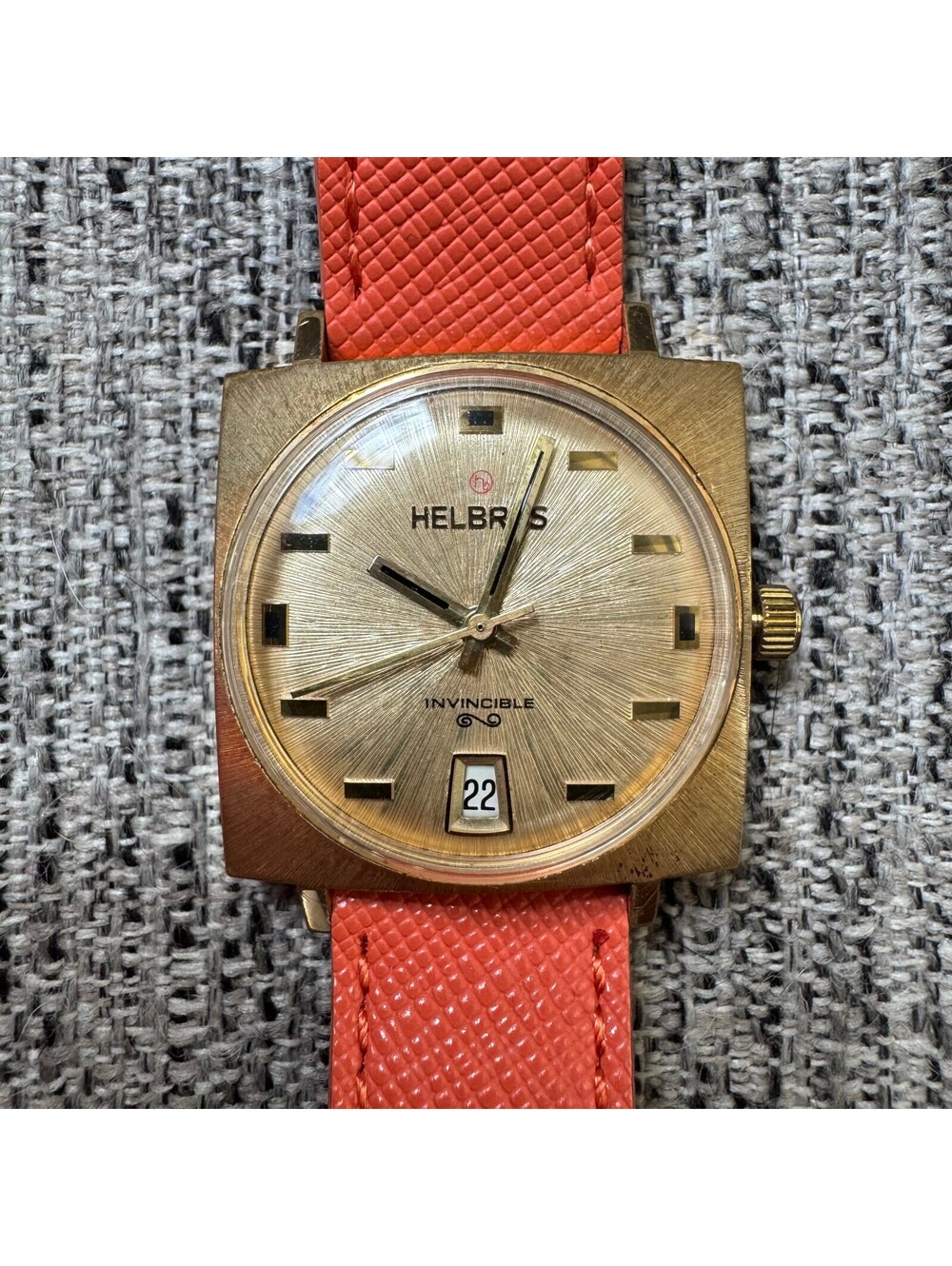Vintage 1960s Helbros Invincible Manual Wind Date Square Gold Tone Wristwatch